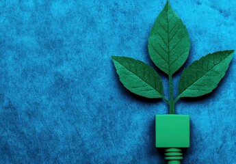 Green electric plug with leaves and a green power switch on a blue background, flat lay top view with copy space. Concept for eco-friendly energy or sustainable development.