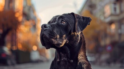 Canvas Print - A majestic black dog gazes thoughtfully in a serene urban environment during sunset.