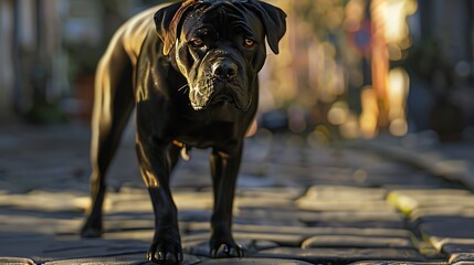 Canvas Print - A black dog walking along a cobblestone street, captured in warm light.