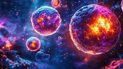 Poster - Close-up of a vibrant cell structure illuminated in blue and orange hues in a scientific context