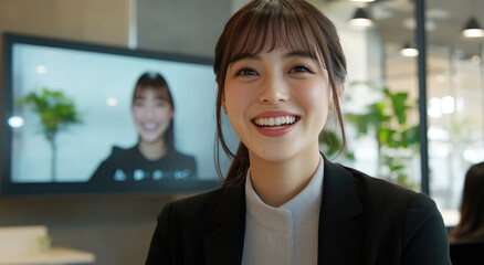 Canvas Print - A young Japanese businesswoman is smiling and talking to her team through a video conference on a digital screen in the office