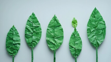 Paper origami leaves arranged in a sequence representing growth, symbolizing eco-conscious financial strategies and sustainable investment, blending creativity, nature, and finance for greener future