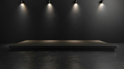 Canvas Print - Blank black table with bright spotlight isolated on black wall for product placement and design.