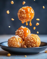 Tempting dessert featuring candy balls drizzled with caramel and sprinkled with nuts, perfect for food photography.