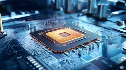 Poster - Close up of a modern cpu processing unit on a motherboard, illuminated with blue and orange lights, performing complex calculations