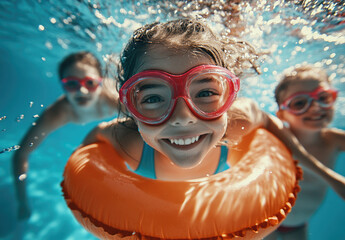 Wall Mural - two women playing in a pool, wearing pink and green swim goggles with colorful polka dots, smiling at the camera