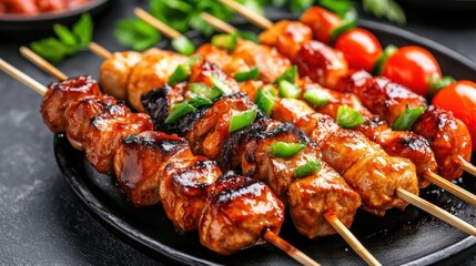 Poster - A plate of skewers with meat and vegetables on it, AI