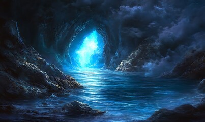 Poster - A Mysterious Cave Opening Leading to a Glowing Blue Sea