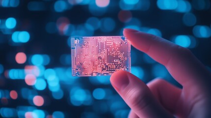 Poster - Hands holding a glowing futuristic microchip with a digital background. Advanced technology and IoT innovation.
