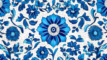 Wall Mural - Pattern with stylized blue flowers and geometric shapes, reflecting Iznik ceramic art, colorful, detailed, High quality, sharp images, graphic, illustration