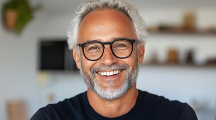 A man with glasses is smiling and looking at the camera. He is wearing a black shirt and glasses