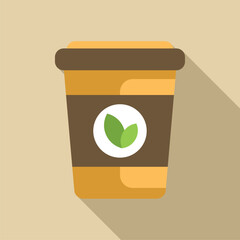 Wall Mural - Yellow disposable coffee cup with brown lid and sleeve featuring a green leaf logo, suggesting eco friendly packaging