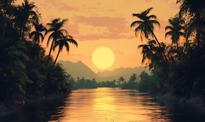 Sticker - Serene Sunset Over a Tropical River With Palm Trees