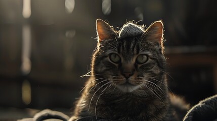 Wall Mural - A close-up of a cat with a soft focus background, illuminated by warm sunlight.