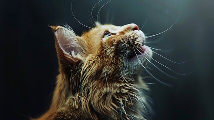 Wall Mural - A close-up of a cat gazing upwards, showcasing its fur and whiskers in a soft, atmospheric light.