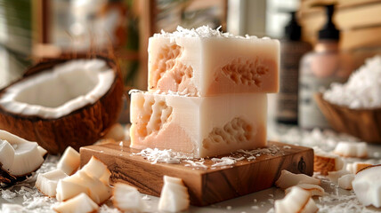 Crafting handmade coconut soap with natural ingredients in a cozy workshop setting