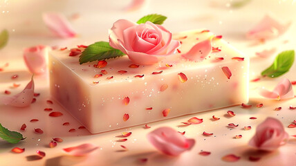 Wall Mural - Handcrafted soap adorned with rose petals and blossoms in a serene setting