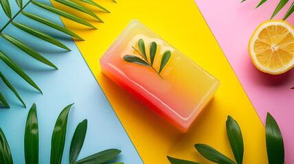 Wall Mural - Crafting vibrant handmade soap with citrus and greenery on colorful backgrounds