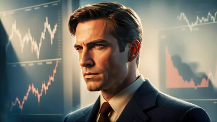 Poster - A confident businessman monitors stock market charts, representing financial analysis and trading