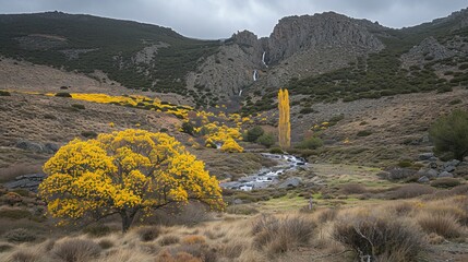 Stunning autumn scene featuring golden trees and a cascading waterfall in nature s embrace