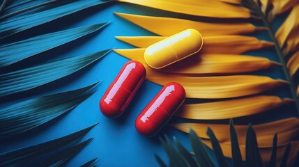 Wall Mural - Colorful Pills on Tropical Leaves Background