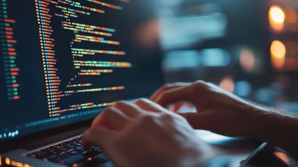 Fototapete - Hands typing code on a laptop in a bright environment with colorful code on the screen, representing software development.