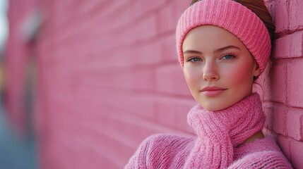 Sticker - Young woman in pink sweater and headband looking at the camera against a pink brick wall