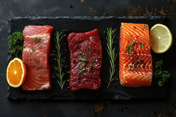 freshly cut salmon and tuna fillets arranged on a black slate board with herbs and citrus garnishes 