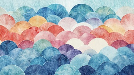 Poster - Watercolor Abstract Art with Scalloped Shapes and Pastel Colors