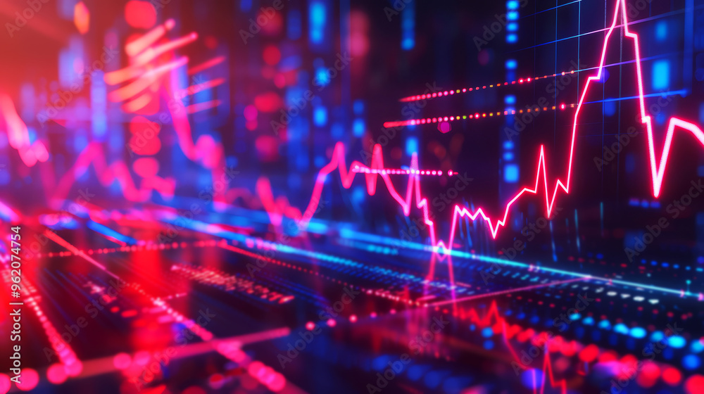 Abstract stock market chart with red and blue neon lights. financial ...
