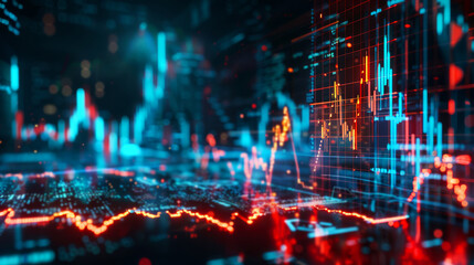 Abstract Red And Blue Lines On A Dark Background. Stock Market Data Visualization, Financial Analysis. Technology Concept.