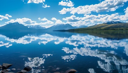 Wall Mural - The clear and tranquil lake reflects blue sky and white clouds, surrounded by mountains in the distance, showing a tranquil scene of natural harmony.