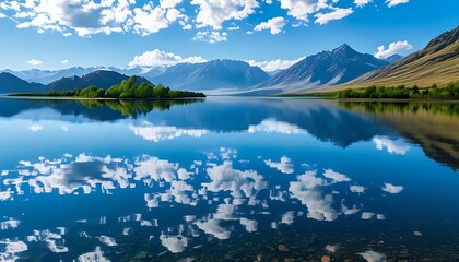 Wall Mural - The clear and tranquil lake reflects blue sky and white clouds, surrounded by mountains in the distance, showing a tranquil scene of natural harmony.