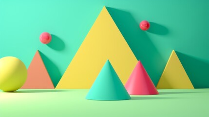 Aufkleber - A lively scene featuring an assortment of colorful geometric shapes, including cones and spheres, arranged on a pastel-colored backdrop. The playful mix of shapes and colors creates a dynamic and