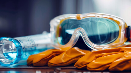 Safety Goggles And Yellow Gloves On A Wooden Table. Perfect For Industrial, Construction, And Laboratory Safety Themes.