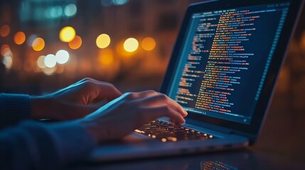 Poster - Hands coding on a laptop at night with city lights in the background, focusing on programming and development.