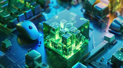 Poster - A futuristic cityscape encased in a glowing green cube, symbolizing technological advancement and urban development, is displayed on a circuit board.