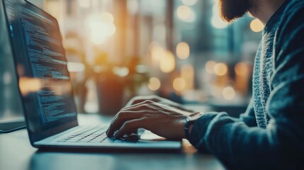 Poster - Close-up of a software developer typing code on a laptop in a cozy office environment. Focused on programming and modern technology.