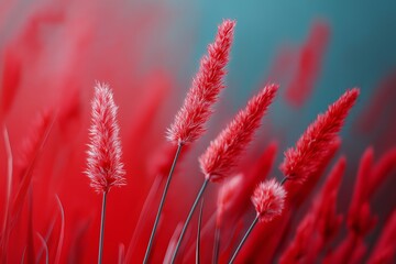 Detailed view of bright red fluffy plants under natural light with a soft-focus background in a garden setting.