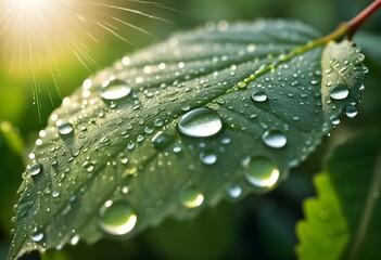 Poster - Macro close up of raindrops on green leaf in sunlight.