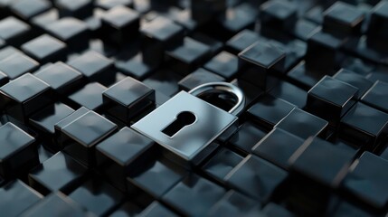 Poster - A silver padlock sits atop a field of black cubes, representing digital security and data protection.