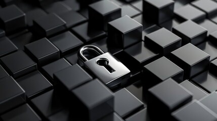 Poster - A silver padlock sits on a field of black cubes, representing digital security.