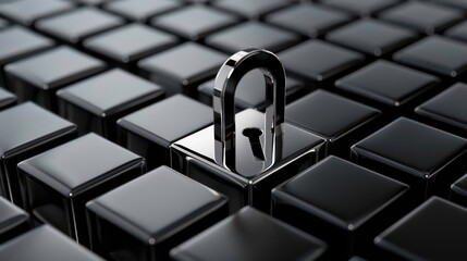 Poster - A single silver padlock sits atop a block in a field of black cubes.