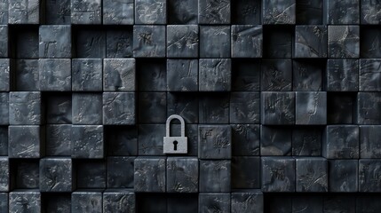 Poster - A single silver padlock sits on a wall of grey square tiles, symbolizing security and protection in a digital landscape.