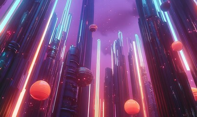 Poster - Futuristic Cityscape with Glowing Towers and Floating Spheres