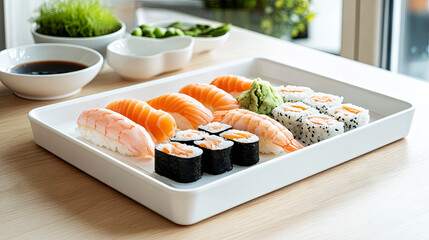 Wall Mural - sushis and sashimis on a white tray on a light wooden table with soy sauce on a bowl and orieltal kitchenware on the background 