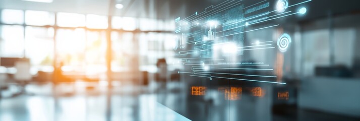 Aufkleber - Futuristic digital interface in a modern office environment with glowing data visualizations. Technology and software development concept.