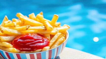 Sticker - A bowl of french fries with ketchup sitting next to a pool, AI