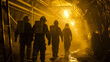 © W - A group of firefighters are walking through a tunnel. The tunnel is dark and the lights are on