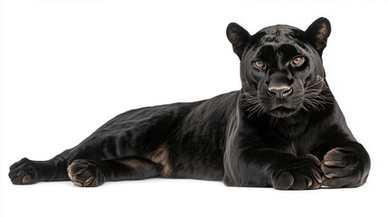 Full body panther front view portrait lying down isolated on white